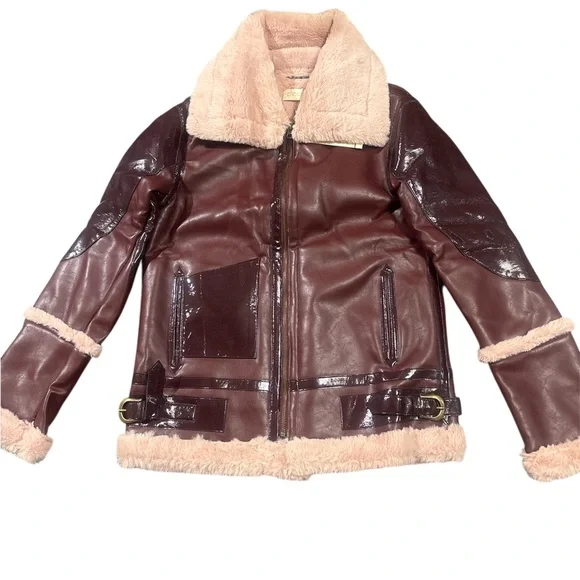 Women's Leather Jacket with Shearling Trim - Picture 3 of 8